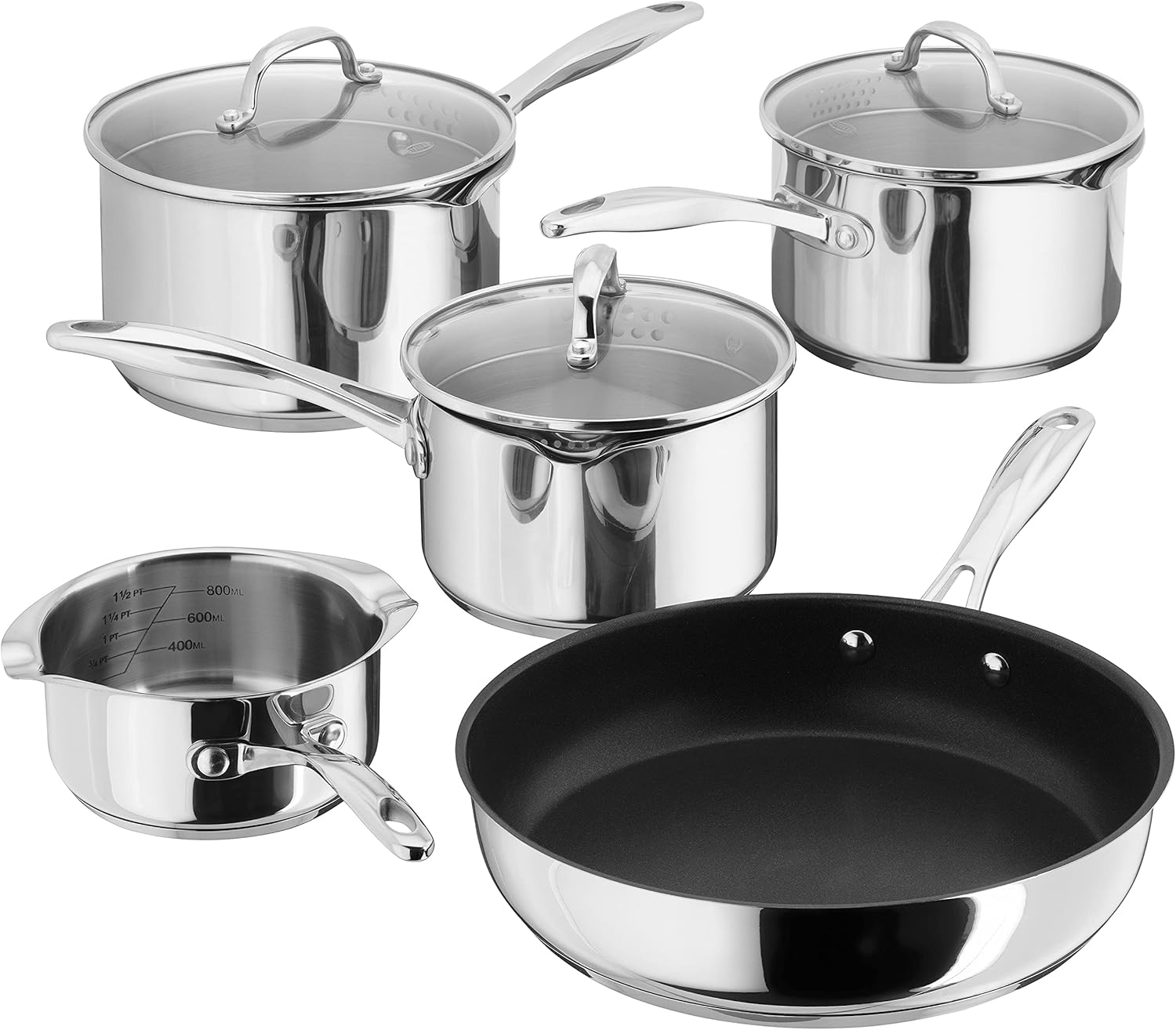 Stellar 7000 S7C1D - Set di 5 padelle in Acciaio Inox da 16 cm, 18 cm e 20 cm, con Coperchio scolapa