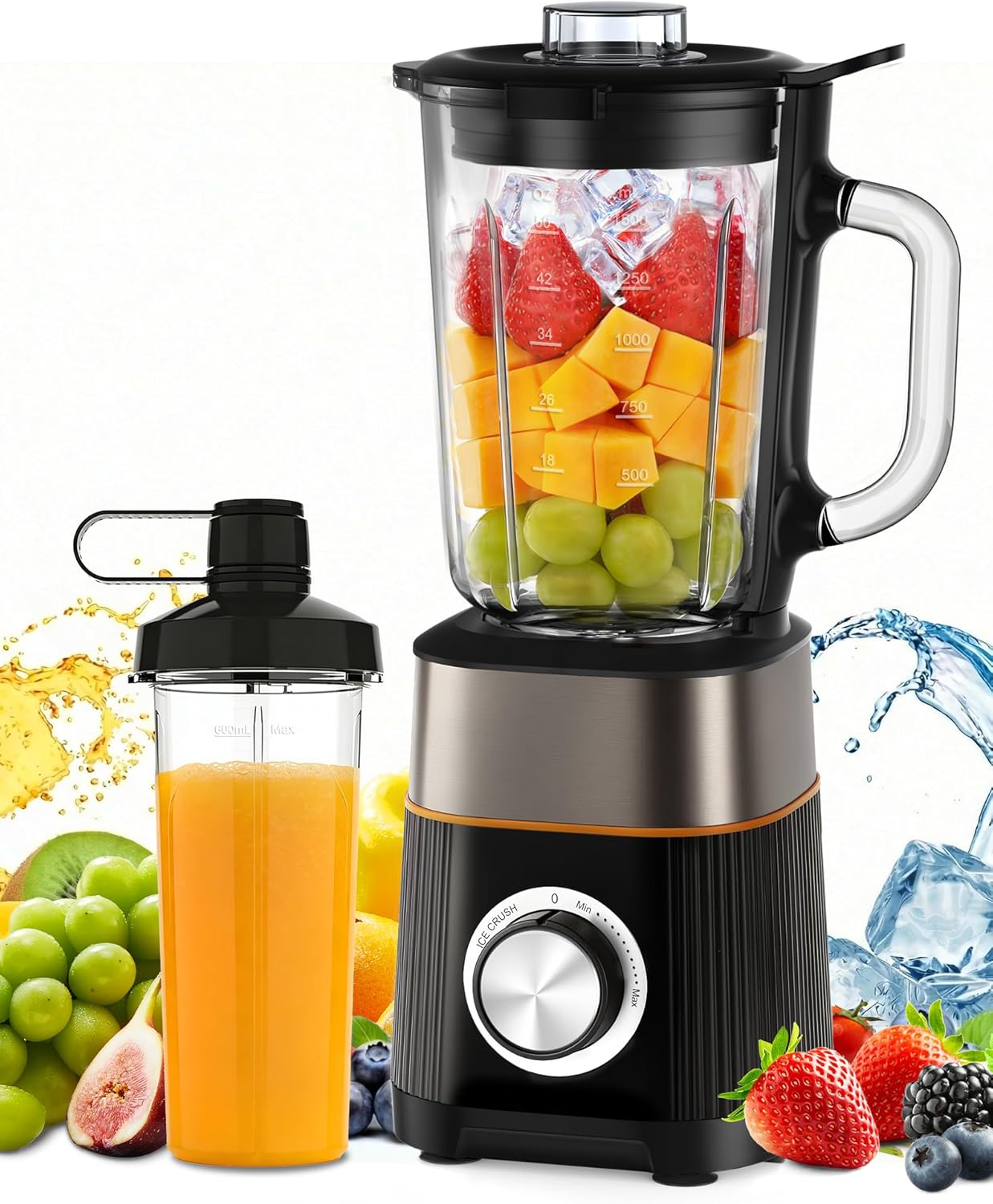 Frullatore 1000W, Frullatore Elettrico Multifunzione 2-in-1, Mixer Cucina Bicchiere in Vetro 1,5L e 