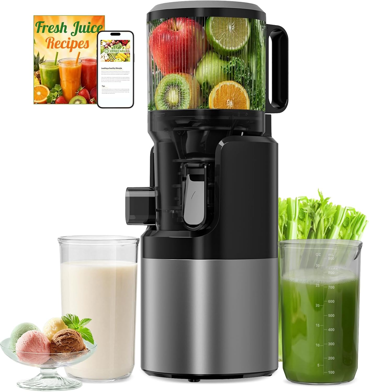 Estrattore Frutta e Verdura a Freddo 400W, Slow Juicer con Bocca XL 152 mm per Frutta e Verdura Inte