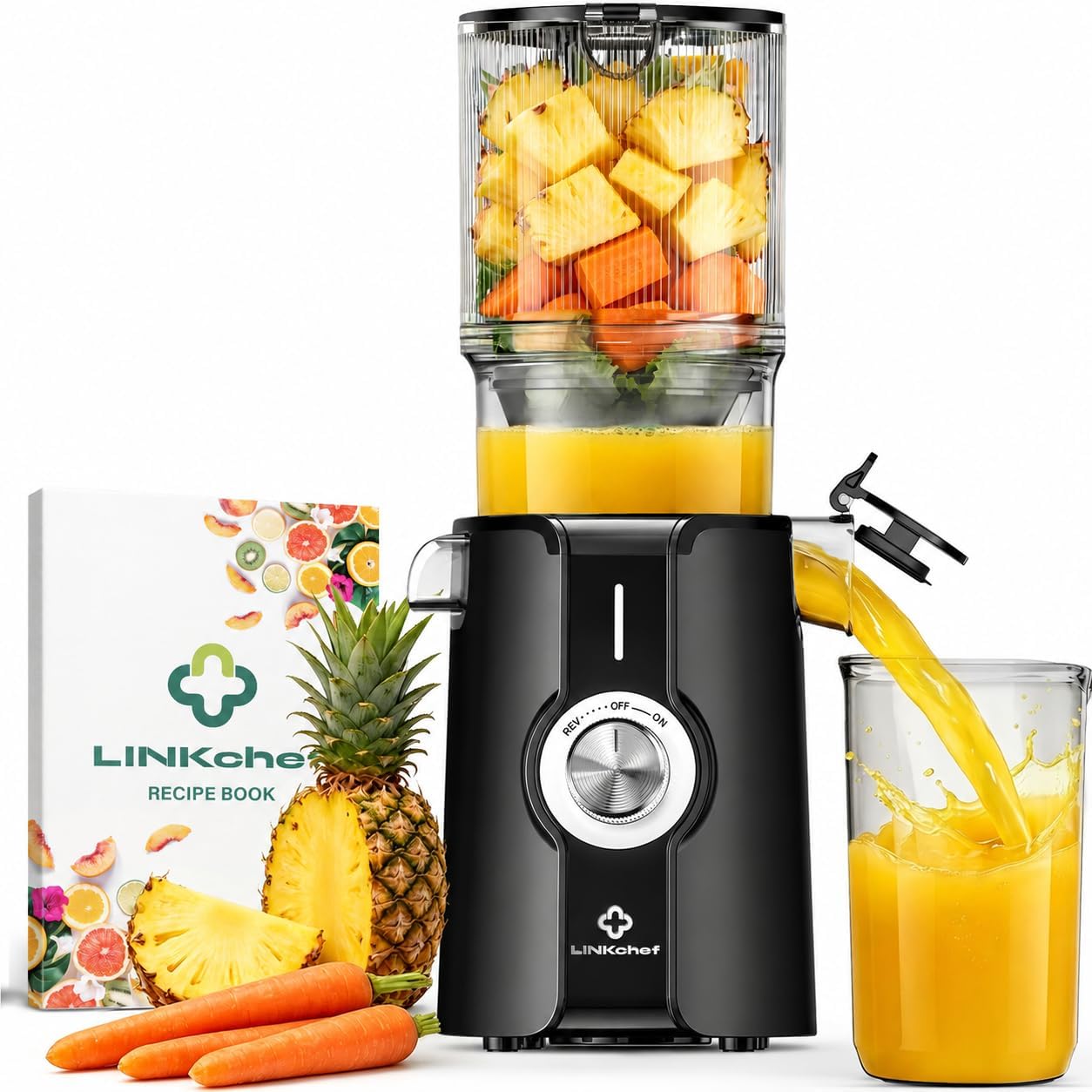 LINKChef estrattore frutta e verdura, apertura 115mm estrattore di succo 1.2L, slow juicer machine p